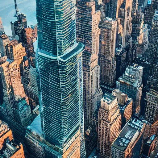 Image similar to aerial view of a giant fish tank shaped like a tower in the middle of new york city, 8k octane render, photorealistic