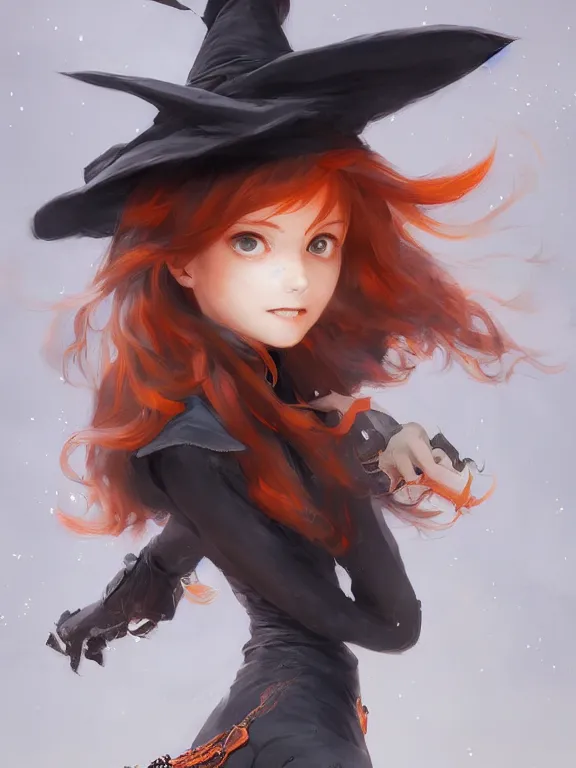 Image similar to Full shot of a cute mischievous young witch about to get up to some trouble. Black and Orange palette. By Ruan Jia and Artgerm and Range Murata and WLOP and CLAMP. Key Art. Fantasy Illustration. award winning, Artstation, intricate details, realistic, Hyperdetailed, 8k resolution.