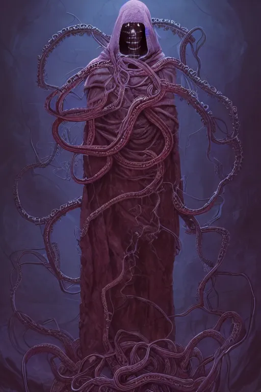 Image similar to A full body portrait of a mysterious shaman (male) with no face with a very long hooded dark purple cloak tentacles and vines coming out the ground art by Maciej Kuciara and Jason Chan, ominous, cosmic horror, trending on artstation, Ultra detailed, hyper realistic 4k