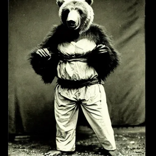 Image similar to “grizzly bear in full ninja outfit, 1900’s photo”