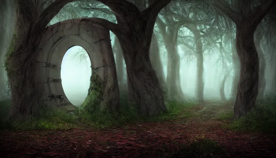 Prompt: a dark foggy forest with a doorframe!! that is a portal! to a fantasy landscape, high quality rendering, digital art