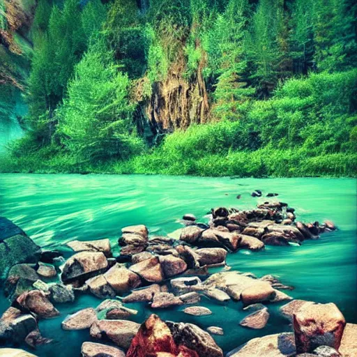 Image similar to a beautiful landscape, river, rocks, trees, by greg rutkowsi, glitch!!!!