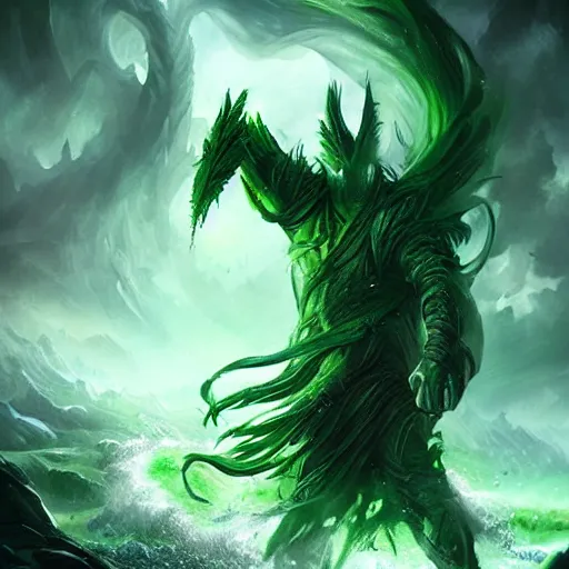 Image similar to green nature humanoid tornado character, epic fantasy style, in the style of Greg Rutkowski, mythology artwork