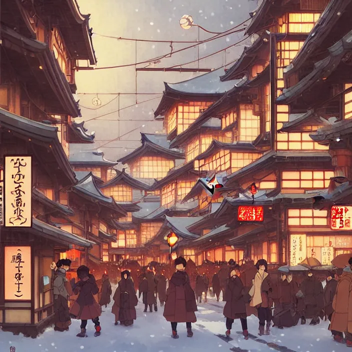 Image similar to japanese big city, winter, in the style of studio ghibli, j. c. leyendecker, greg rutkowski, artem