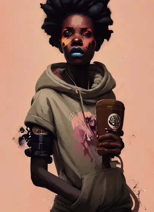 Prompt: highly detailed portrait of a sewer punk african lady, tartan hoody, white afro hair by atey ghailan, by greg rutkowski, by greg tocchini, by james gilleard, by joe fenton, by kaethe butcher, gradient peach, brown, blonde cream and white color scheme, grunge aesthetic!!! ( ( graffiti tag wall background ) )