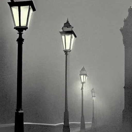 Image similar to The foggy old streets of London lit only by lampposts, 1888, foggy, night, digital art