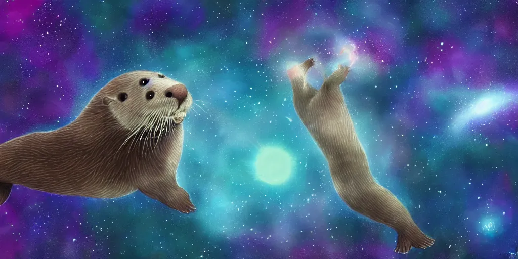 Prompt: an otter floating in space with a nebula in the background, film still, digital painting, concept art