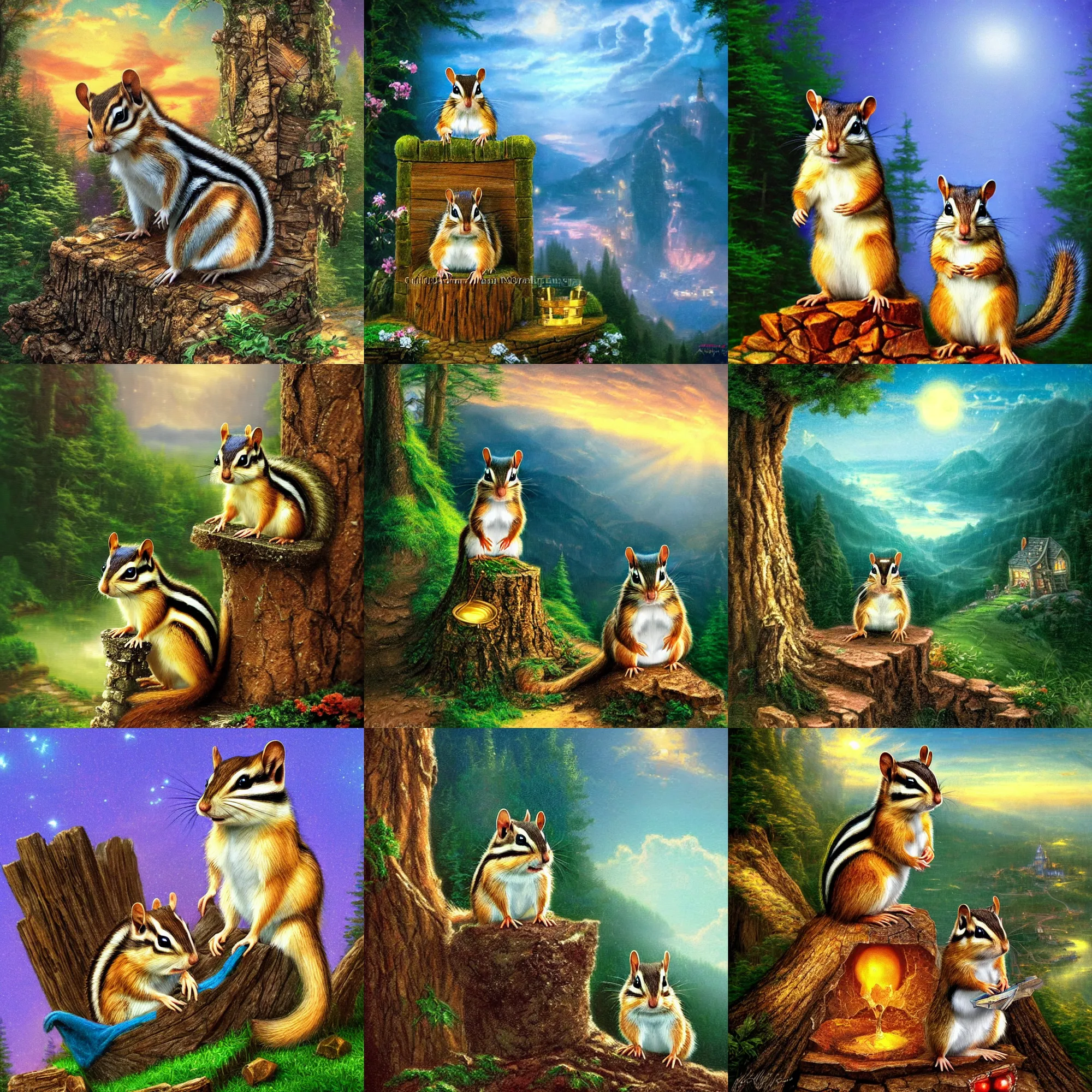 Prompt: a chipmunk called elvis as the king of the world, sitting on his throne in his castle, atmospheric lighting, nice composition, art inspired by thomas kinkade