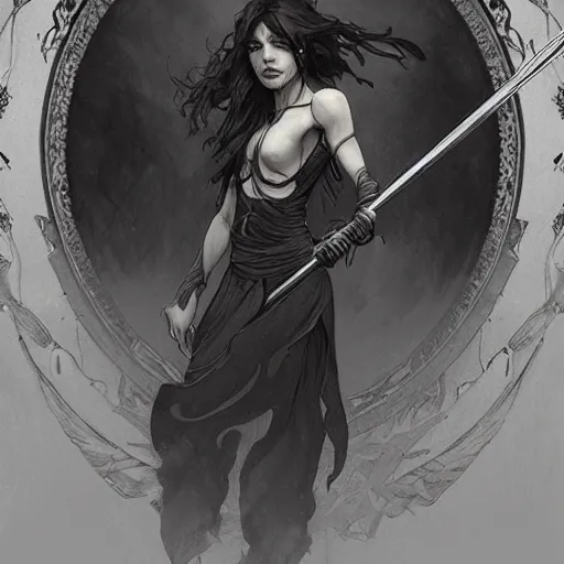 Prompt: death with a scythe on his shoulder walking surrounded by wandering souls, a house garden, shadows, smooth, sharp focus, dark fantasy, greyscale, digital illustration, by artgerm, greg rutkowski, alphonse mucha
