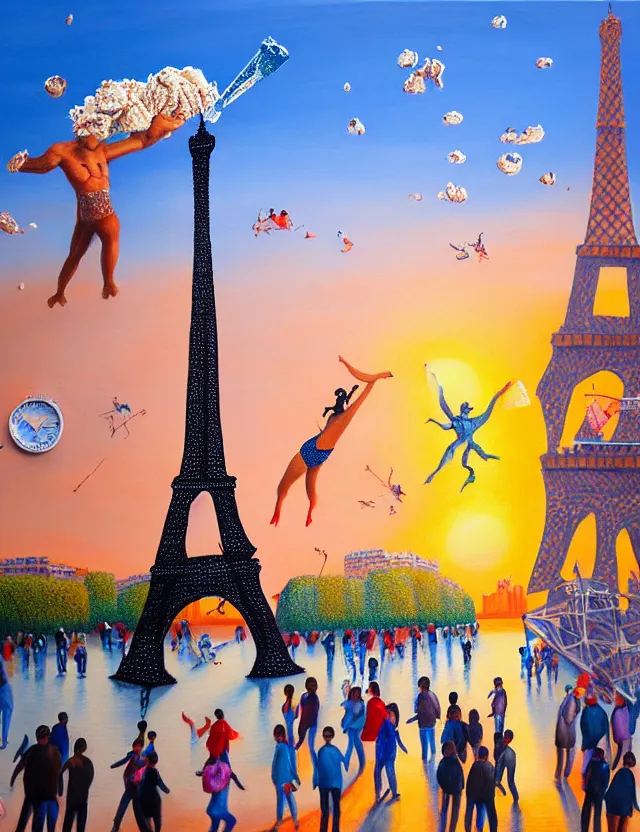 Prompt: a highly detailed and realistic painting of a dancing ice sculture eiffel tower in paris with melting ice cream of the paris skyline on a very sunny bright summer sunset day, very hot and the ice is melting fast and people are swimming in the icecream in the style of james jean and botero