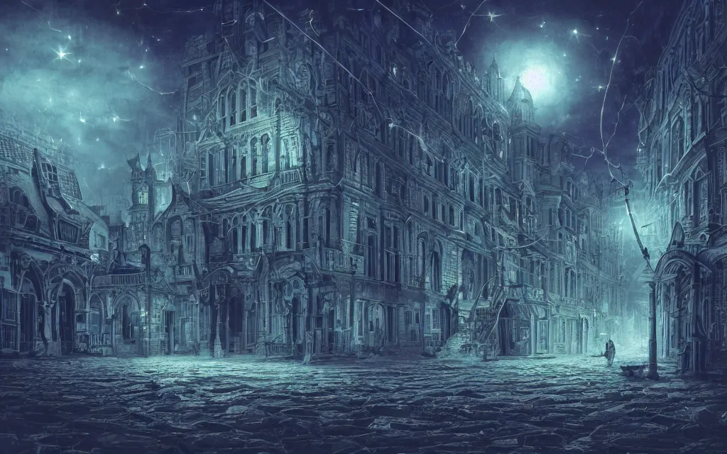 Prompt: An (18th century) (lovecraftian) gothic city at night with a star filled sky. (Greasy) blue luminescent cables are emerging from cracks on the ground. Highly detailed, digital art, smooth, sharp focus, illustration, octane render, vivid colors, concept art, low angle shot, super wide shot, ((fish eye)), 4k.