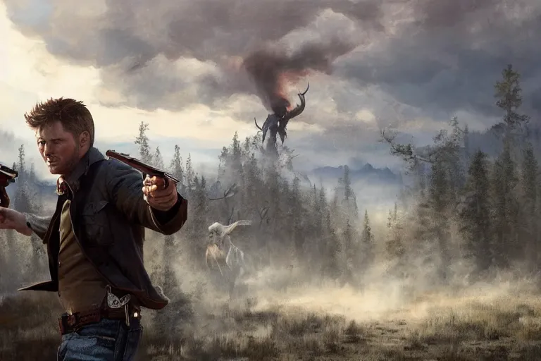 Prompt: an ultradetailed image of dean winchester as an old west gunfighter shooting at a charging wendigo, ultrawide lens, aerial photography, masterpiece, 8 k, art by greg rutkowski and albert bierstadt