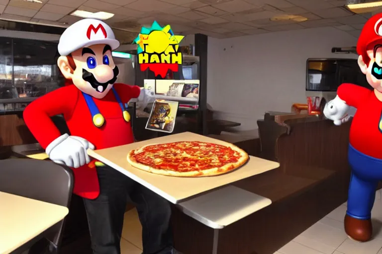 Image similar to super mario working at pizza hut