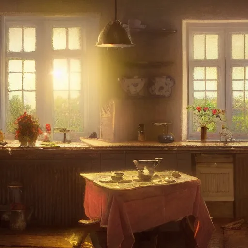 Prompt: a beautiful picture of a kitchen in a english cottage, sunset lights by the window, art by greg rutkowski and alfred edward emslie trending on artstation