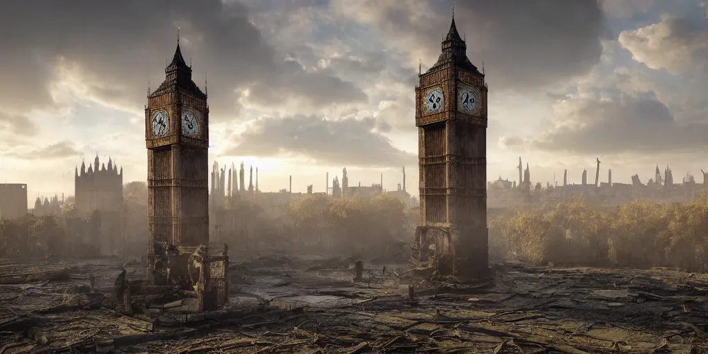 Image similar to a destroyed clock tower in a destroyed London at sunrise, ruins, clouds in the sky, concept art, octane render, unreal engine 5, trending on Artstation, high quality, 8K, soft lighting, highly detailed, trending on DeviantArt, mossy, apocaliptic, serene landscape, beautiful, cgsociety, godrays, path traced