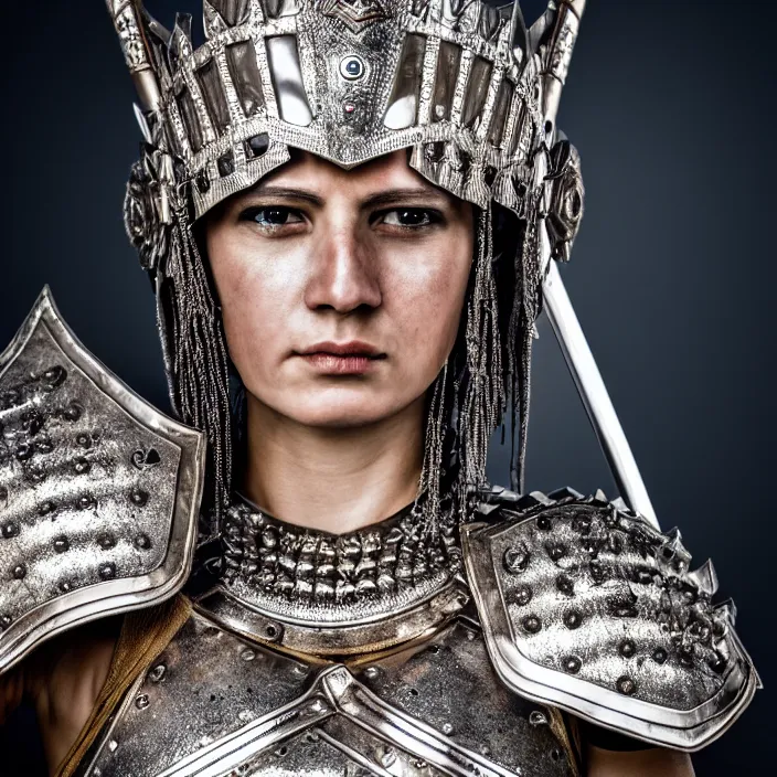 Prompt: photo of a warrior queen wearing diamond encrusted armour, highly detailed, 4 k, hdr, smooth, sharp focus, high resolution, award - winning photo