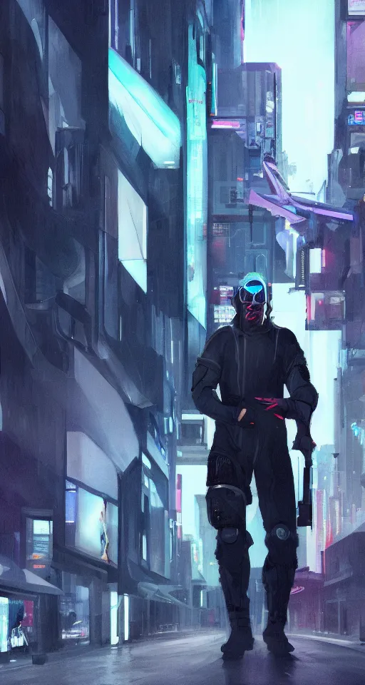 Image similar to concept art portrait of male cyberpunk walking through futuristic town