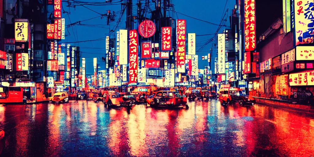 Prompt: analog photo of tokyo, rain, neon signs, bright colors, deep blue sky