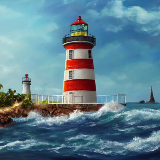 Image similar to painting of islands of adventure lighthouse, artstation