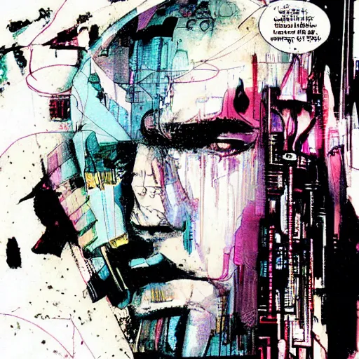 Image similar to cyberpunk dreaming by bobby zeik and bill sienkiewicz and david mack and dave mckean