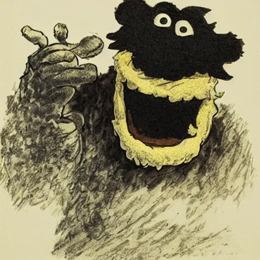 Image similar to cookie monster devouring his cookies, by francisco goya