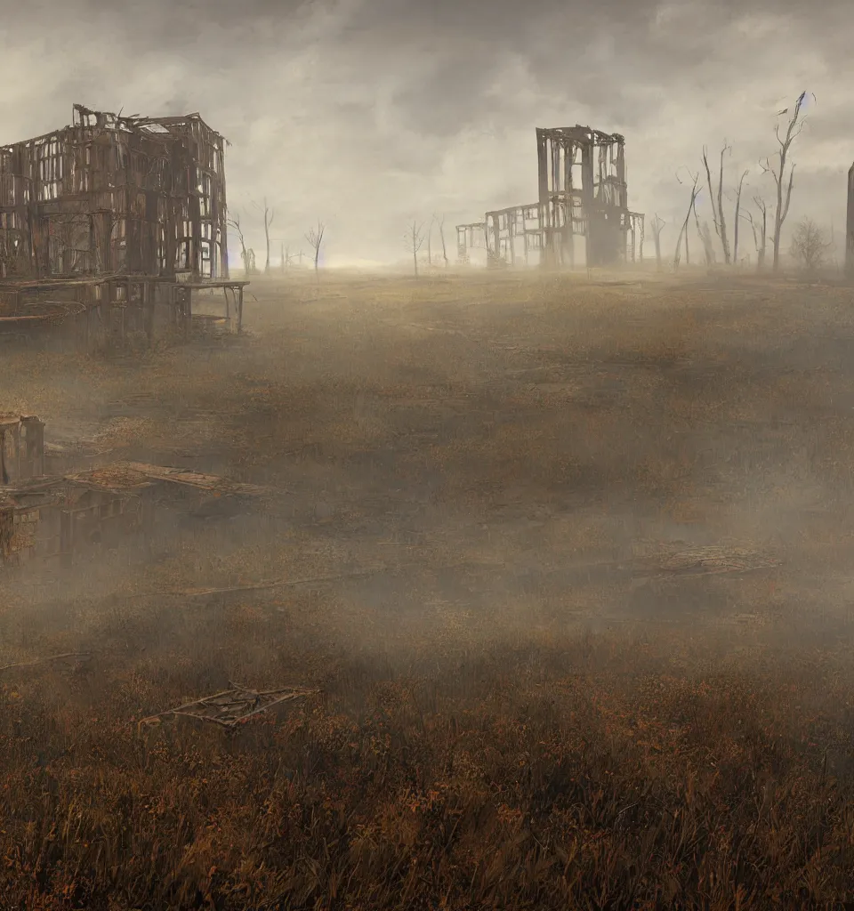 Image similar to rusty broken building constructions of a giant staircase, the ruins, in the steppe, autumn field, misty background, from the game pathologic 2, matte painting, by isaac levitan and asher brown durand,