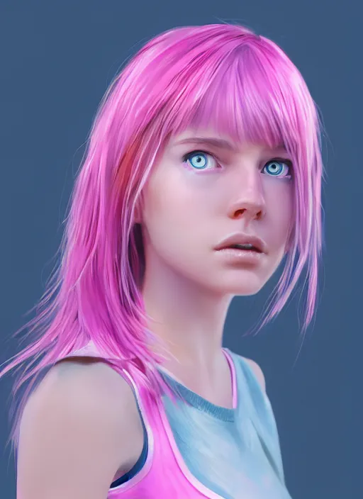 Prompt: concept art for the main character in the award winning film named life is better in pink. the character is a unnaturally beautiful teenage girl with deep blue eyes and pink dyed hair, wearing light pink clothes. realistic cg render, anatomically correct, high key lighting, trending on art station, vibrant colors.