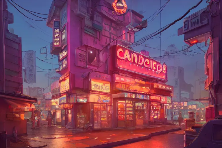 Prompt: A highly detailed matte painting of a single small building, candystore with neonsign by Studio Ghibli, Makoto Shinkai, by Artgerm, by WLOP, by Greg Rutkowski, volumetric lighting, cyberpunk, octane render, 4K resolution, trending on artstation, masterpiece