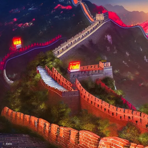 Prompt: the great wall of china getting remodeled to fit the cyberpunk city behind it, high detail, 4 k, neon lights