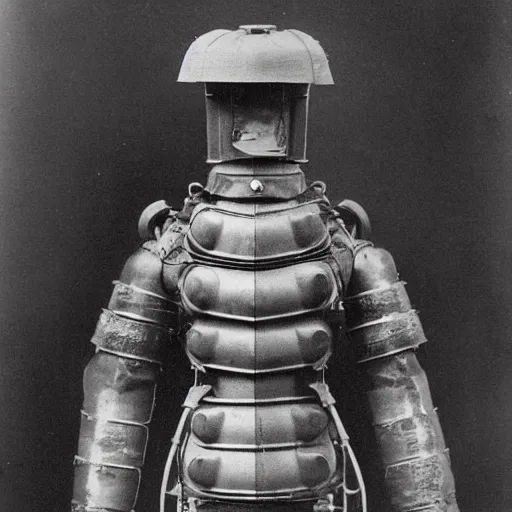 Image similar to a photograph from 1890 of mech suit made out of a cast iron potbelly stove