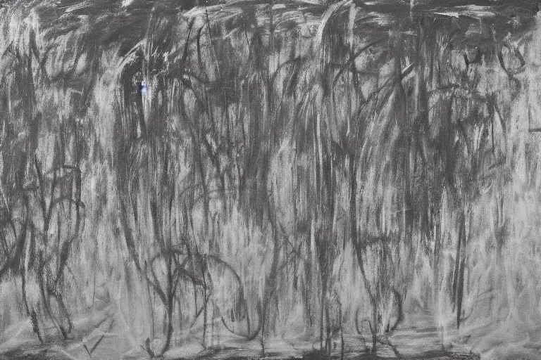 Image similar to large scale chalkboard painting by cy twombly, sparse brush strokes, high resolution art scan, well lit