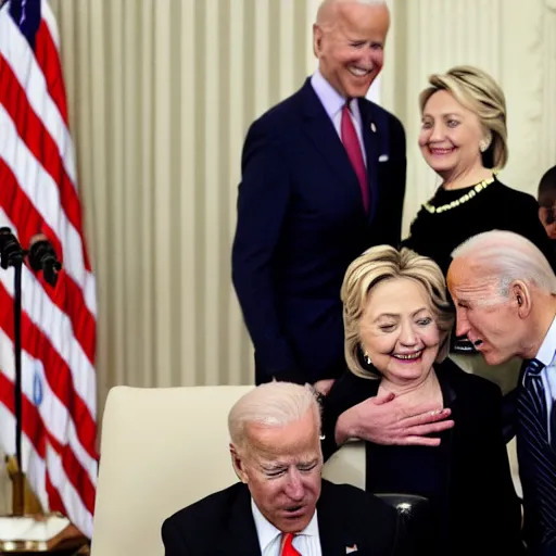 Image similar to joe biden deeply sniffing hillary clinton's hair on her head from behind at the white house