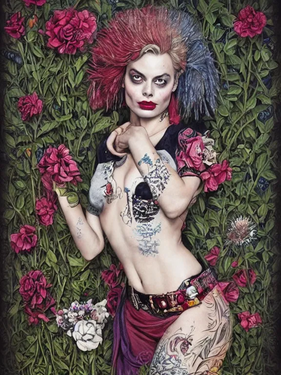 Image similar to a punk portrait of margot robbie harley quinn between embellished pattern and huge flower bushes,by tom bagshaw,marie spartali Stillman,Ekaterina Belinskaya,William Morris,Oleg Turchin,trending on pinterest,dark fantasy,maximalist,glittering,feminine