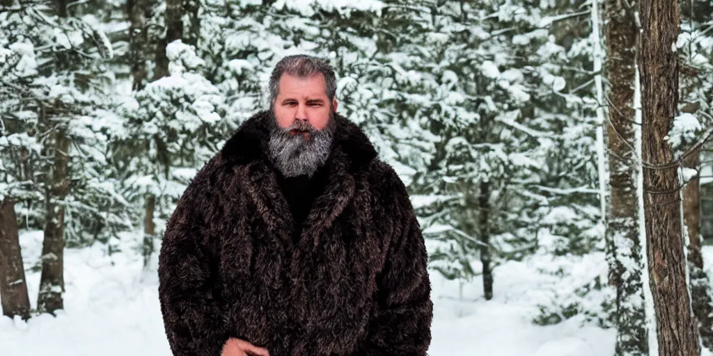 Image similar to a middle - aged burly lumberjack with a beard, dark hair, wearing a fur coat