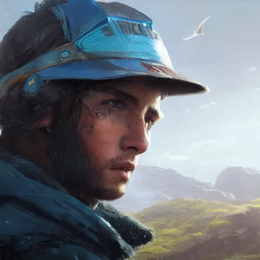 Prompt: masterpiece closeup portrait of a young man with short brown hair and blue eyes, wearing adventuring gear, by Greg Rutkowski, 4k, masterpiece, matte painting, detailed