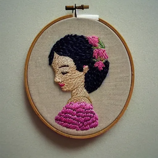 Image similar to a tiny beautiful handmade embroidery of a woman. hand embroidery.