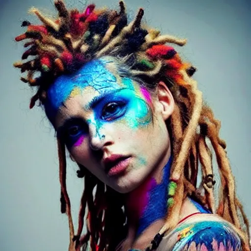 Image similar to astonishingly beautiful woman in tattered clothes revealing body, blonde dreadlocks, make up, vivid colors