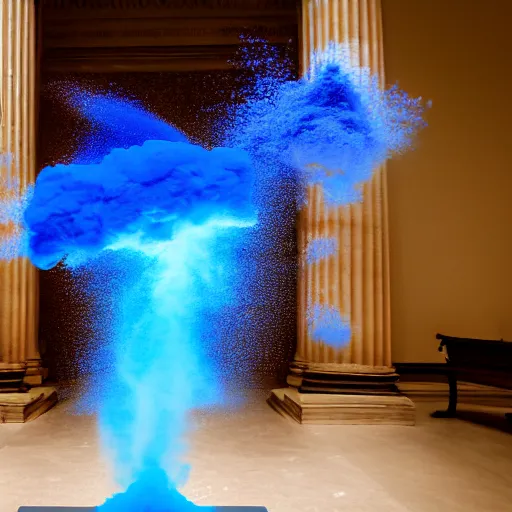 Prompt: photo of color powder explosion in art gallery, metropolitan museum of art, hellenistic sculptures, particles, fine detail