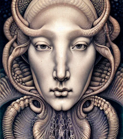 Image similar to detailed realistic beautiful conch goddess face portrait by jean delville, gustave dore, iris van herpen and marco mazzoni, art forms of nature by ernst haeckel, art nouveau, symbolist, visionary, gothic, neo - gothic, pre - raphaelite, fractal lace, intricate alien botanicals, ai biodiversity, surreality, hyperdetailed ultrasharp octane render