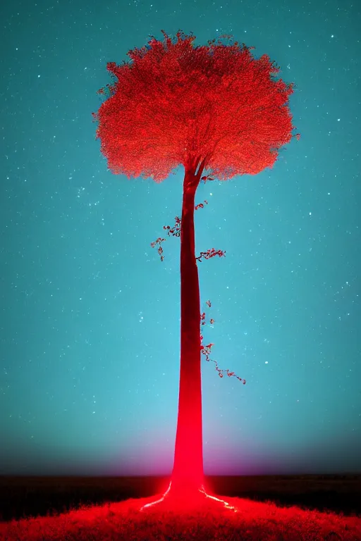 Image similar to A giant glowing red tree made out of light in the center of a corn field blasting off into space, 8K UHD, blue color scheme