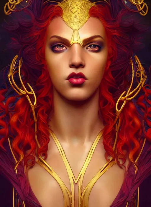 Prompt: the greek god kanyw west, firey gold hair, body made of water, steampunk, beautiful glowing eyes, volumetric lights, red and cyan theme, art nouveau botanicals, intricate, highly detailed, digital painting, artstation, concept art, smooth, sharp focus, cinematic, illustration, beautiful face, art by artgerm and greg rutkowski and alphonse mucha