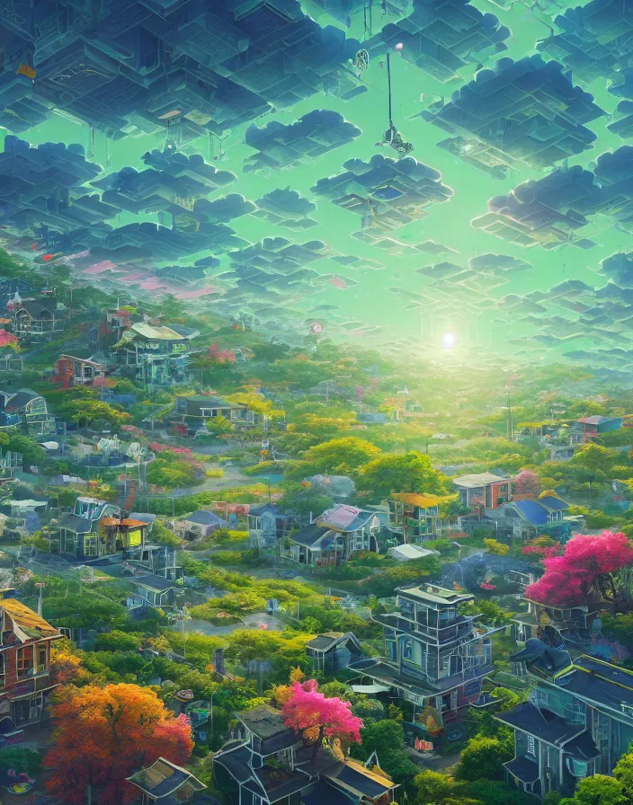 Prompt: CITY IN THE SKY, flowery cottage, solar, green technology, optimist future by Asher Durand, intricate artwork by Tooth Wu and wlop and beeple and dan mumford and greg rutkowski and nekroxiii. halo. octane render, cinematic, hyper realism, octane render, 8k, depth of field, bokeh. iridescent accents. vibrant.