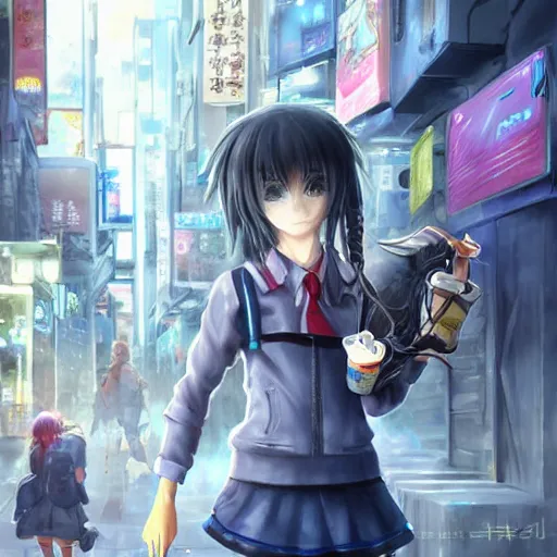 Image similar to dynamic composition, motion, ultra-detailed, incredibly detailed, a lot of details, amazing fine details and brush strokes, colorful and grayish palette, smooth, HD semirealistic anime CG concept art digital painting, watercolor oil painting of Clean and detailed post-cyberpunk sci-fi close-up schoolgirl in asian city in style of cytus and deemo, blue flame, relaxing, calm and mysterious vibes,, by a Chinese artist at ArtStation, by Huang Guangjian, Fenghua Zhong, Ruan Jia, Xin Jin and Wei Chang. Realistic artwork of a Chinese videogame, gradients, gentle an harmonic grayish colors. set in half-life 2, Matrix, GITS, Blade Runner, Neotokyo Source, Syndicate(2012), dynamic composition, beautiful with eerie vibes, very inspirational, very stylish, with gradients, surrealistic, dystopia, postapocalyptic vibes, depth of field, mist, rich cinematic atmosphere, perfect digital art, mystical journey in strange world