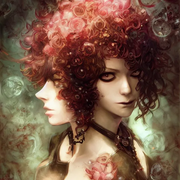 Image similar to goth christina hendricks and flowers, tankoban, 4 k, tone mapping, akihiko yoshida, james jean andrei riabovitchev marc simonetti, yoshitaka amano, long hair, curly, h. hydrochaeri