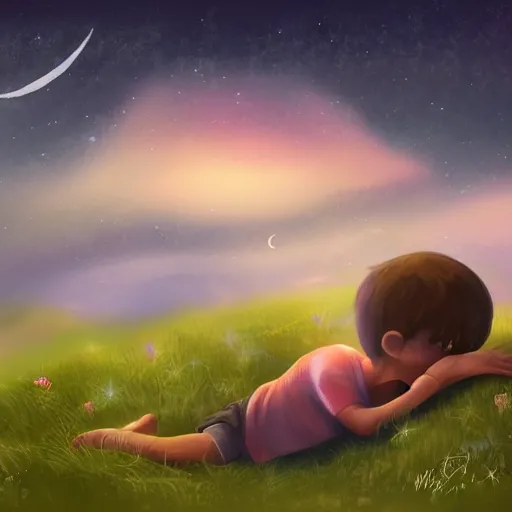 Prompt: a boy lays on a grassy field and stares up at a detailed dark, night sky filled with stars, trending on art station