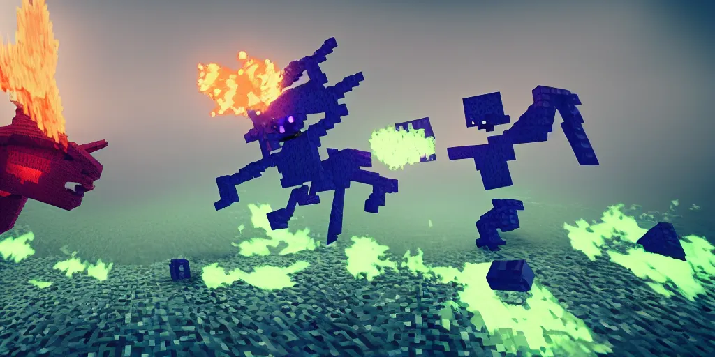 Image similar to a cycle blender render from Putin fighting the ender dragon in the end, octane minecraft render 32k, film render,cinematic