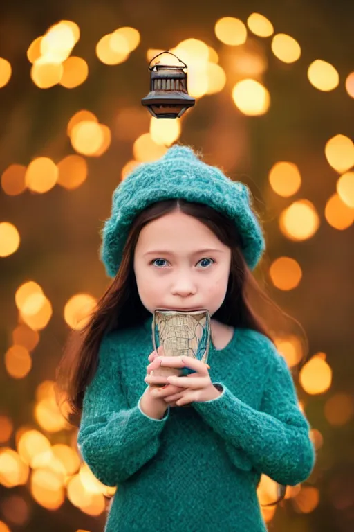 Prompt: dreamy portrait of a little girl holding up a lantern, photorealistic portrait, bokeh background, night lights, sharp focus, smooth facial tones, blue emerald eyes, realistic natural hand and fingers, brown woven hat, blue sweater, 8 5 mm photography, award - winning photography, trending on 5 0 0 px