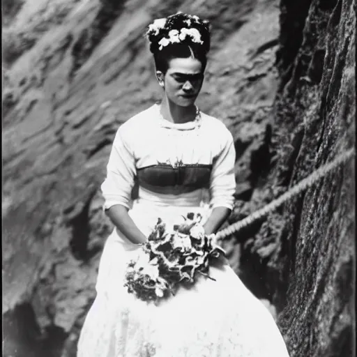 Prompt: a vintage photo of Frida kahlo rock climbing and wearing a wedding dress, 8k