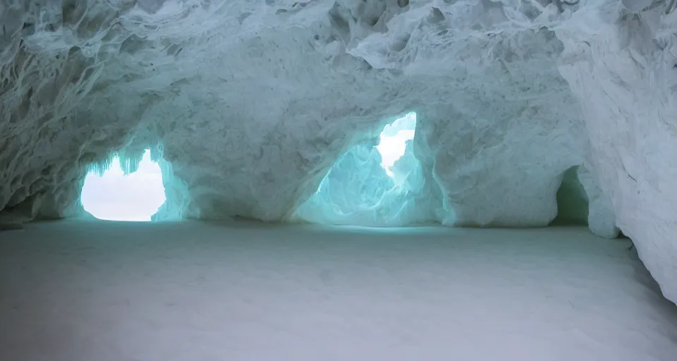 Prompt: white seashell house cave, atmospheric cinematography