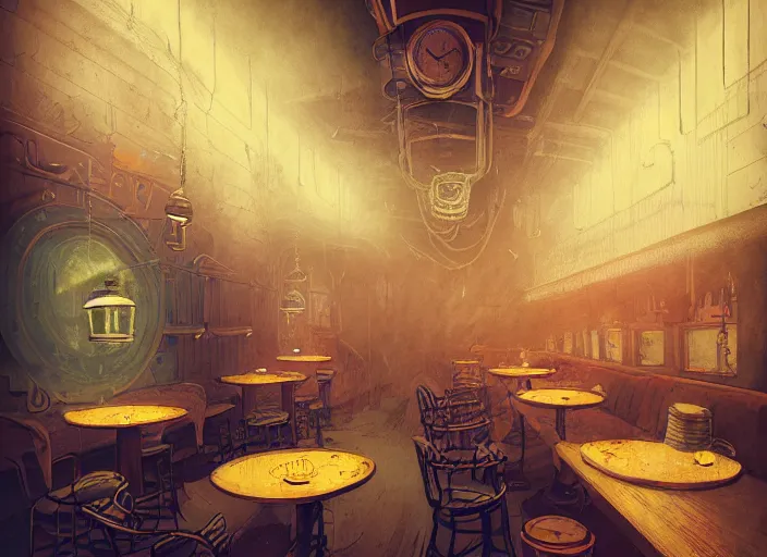 Image similar to illustrated steampunk cafe interior, colorful, mads berg, karolis strautniekas, christopher balaskas, stippled light, low fog, moody, fine texture, editorial illustration, dramatic lighting, dynamic composition, detailed, matte print, muted color, ( ( victo ngai ) ), wide angle